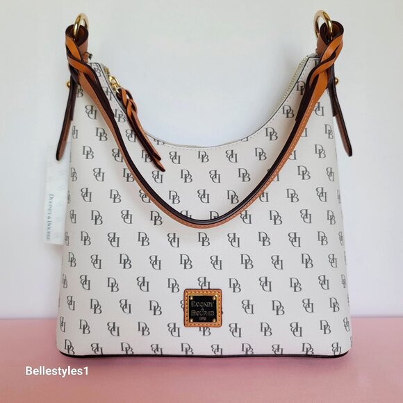 DOONEY & BOURKE Bryce Signature Logo Print Coated Fabric Hobo Bag- Bone color⭐ - Picture 1 of 16